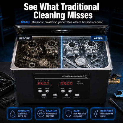 Before  and after cleaning of the 6L Ultrasonic cleaner