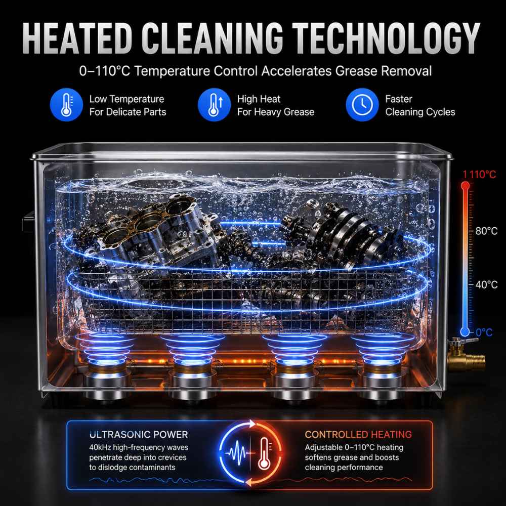 Heated cleaning techology in the 30l Ultrasonic cleaner