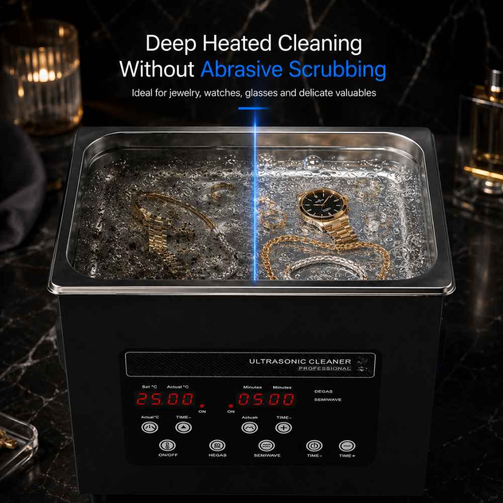 Heated ultrasonic cleaner for watch, jewelry crabs
