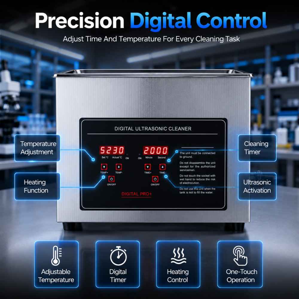 Precision digital control on this Stainless ultrasonic cleaner 
