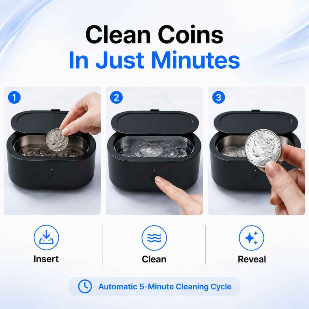 Automatic 5 minutes cleaning with the Ultrasonic coin cleaner